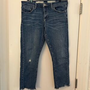 Lightly Distressed Pilcro and Letterpress 31”Fringe Cropped Slim Boyfriend Jeans